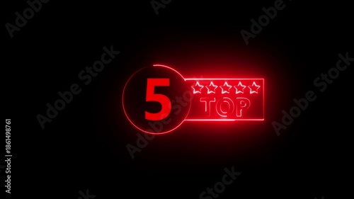 Glowing neon top 5 star rating icon animation on dark background. Top 5 star customer product rating review icon. Symbol, advertising badge,ranking, review, rating, or awards.