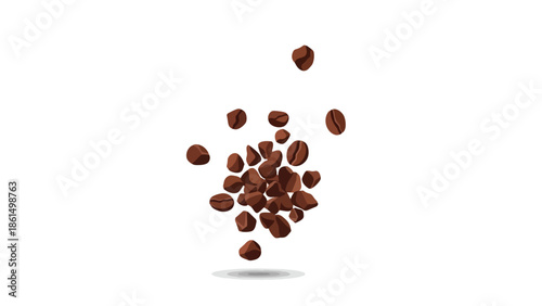 Rich brown coffee beans in dynamic descent, forming a concentrated aromatic cluster on a bright white background, symbolizing fresh energy and the