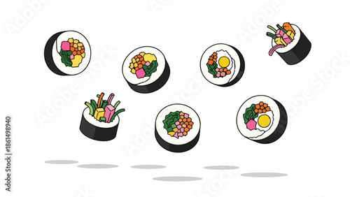 Vibrant array of artfully designed Asian food rolls featuring colorful, fresh ingredients in a whimsical floating arrangement against a clean white