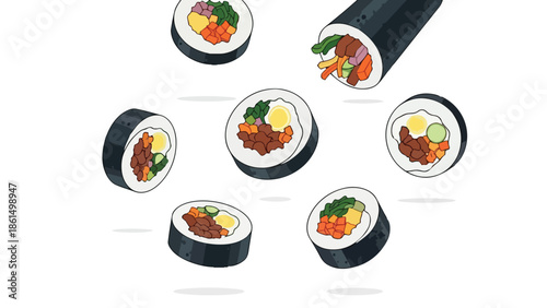 Vibrant and appetizing illustration of diverse Korean rice rolls, presented artfully.