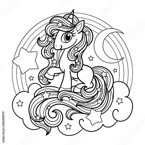 A cute unicorn on a cloud with a rainbow of stars and rainbow flowers. Black and white line art. Suitable for children's coloring book designs, prints, posters, cards, stickers, etc. Vector
