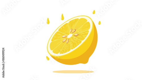 Vibrant half lemon illustration with zesty juice droplets falling, depicting fresh citrus flavor and natural essence in a clean graphic design