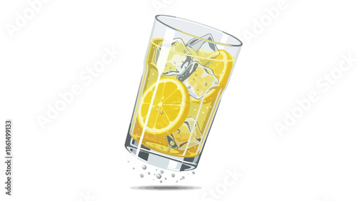 A refreshing, zesty glass of chilled lemonade, brimming with vibrant lemon slices and sparkling ice cubes, promising a delightful, thirst-quenching