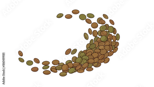 Dynamic illustration of coffee beans swirling, blending various roasting stages with an energetic flow on a crisp white background