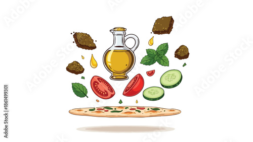 Artistic illustration of fresh pizza ingredients assembling above a base with falafel herbs tomatoes cucumbers and olive oil forming a delicious