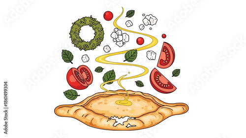 Artistic illustration of a delicious Mediterranean-inspired flatbread dish with vibrant fresh ingredients levitating and drizzling golden olive oil