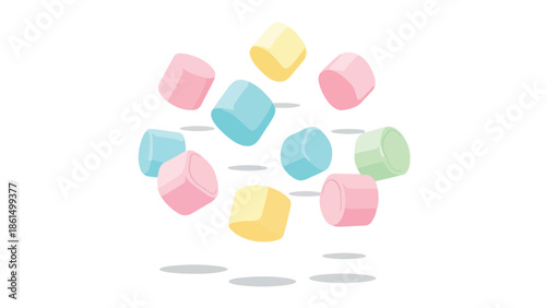 A delightful visual of soft pastel marshmallows floating in a whimsical arrangement against a clean white backdrop, evoking sweet confectionery joy