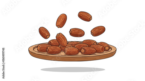 Succulent brown dates in mid-air descent, gracefully landing on a textured wooden serving plate.