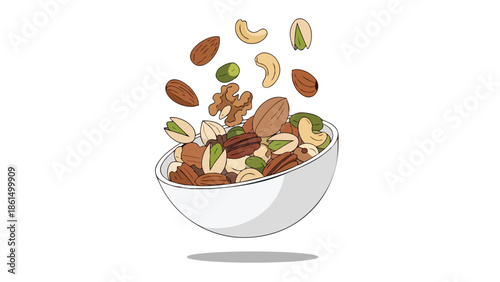 A vibrant illustration of an assorted nut mix gracefully descending into a clean white serving bowl