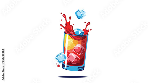 Dynamic beverage splash with vibrant red liquid and energetic ice cubes creating a refreshing cool explosion.
