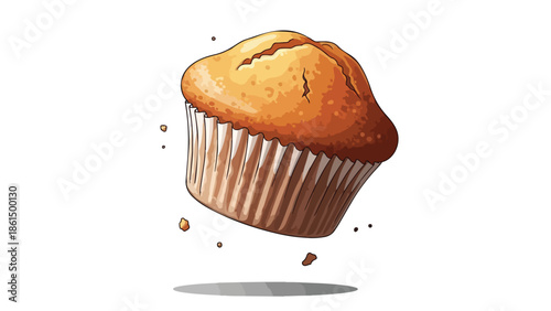 A delightful, oven-fresh golden muffin gracefully suspended in mid-air, casting a gentle shadow with scattered crumbs, showcasing its appealing