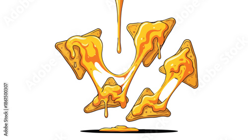 Gooey golden cheese sauce stretches enticingly between crispy triangular snack pieces in a delightful culinary illustration