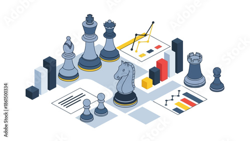 Isometric Chess Strategy Concept with Business Analytics Charts for Corporate Planning