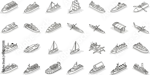 Ship and boat icons set in isometric 3d style. Sailing elements set collection vector illustration 