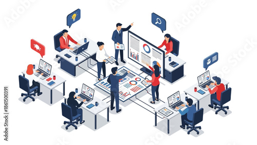 Isometric Team Collaboration Business People Analyzing Data and Brainstorming in Modern Office