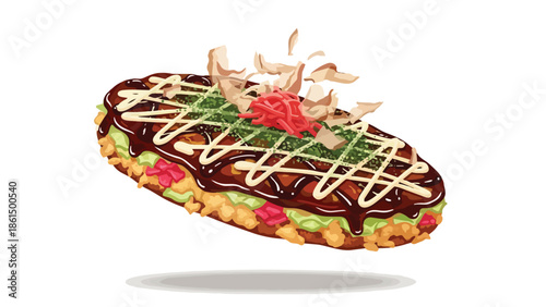 Illustrative rendering of a classic Japanese okonomiyaki pancake with rich sauces and dancing bonito flakes