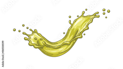 A truly dynamic golden-green liquid splash illustration showcasing vibrant droplets and energetic movement across a pristine white background