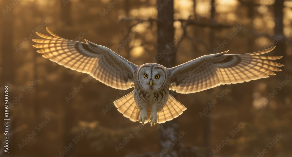 Fototapeta premium A majestic owl with spread wings soars towards the viewer, backlit by warm sunset