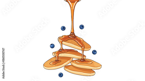 Fluffy golden pancakes drenched in rich flowing amber syrup adorned with fresh juicy blueberries creating an enticing visually appealing breakfast