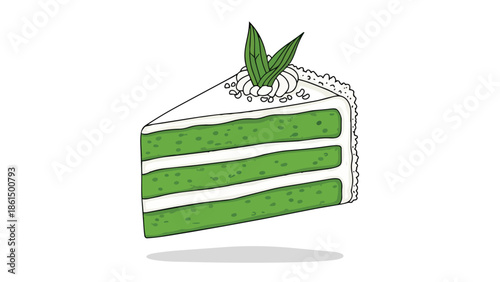 Vibrant green layered cake slice, creamy white frosting, fresh leaves. A delightful dessert illustration for culinary appeal and sweet indulgence.