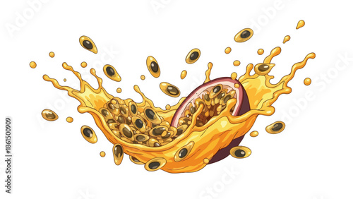 A burst of tropical flavor: a vibrant passion fruit halved, its succulent seeds and golden pulp splashing energetically, symbolizing freshness and