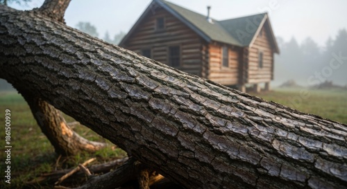 A log cabin sits in a misty meadow with a fallen tree in the foreground