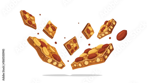 Dynamic illustration of golden nut brittle fragments and whole almonds cascading against a clean backdrop