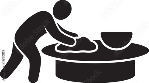Baker kneading dough on table with bowl accessory professional bakery silhouette vector design
