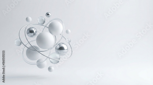 3D rendering of floating spheres and rings representing machine learning and global network connection.