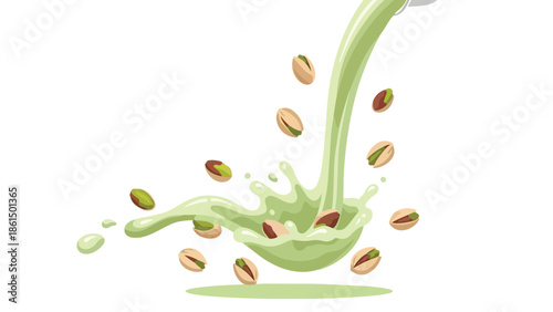 Energetic visual of shelled pistachios falling into a flowing stream of pale green liquid, generating dynamic splashes. Represents fresh, natural