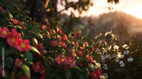  A bird soaring through a verdant forest brimming with rosy and ivory blossoms, bathed in golden sunlight filtering through the foliage