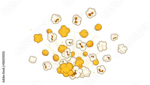 An exciting energetic illustration depicting a dynamic burst of fluffy white and golden buttery popcorn kernels erupting vibrantly from the central