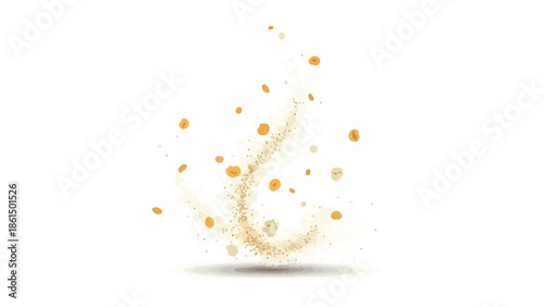 Abstract golden particles swirling upwards with dynamic energy on white background.