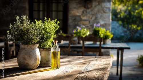   An olive oil bottle atop a wooden table beside a vase containing greenery