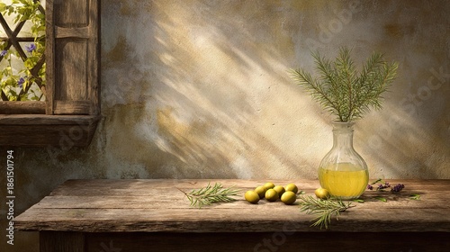 A lemon-filled vase and a sprig of rosemary adorn a table in the painting