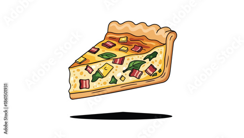 Delightful cartoon illustration of a savory quiche slice with bacon, spinach, and cheese for culinary projects