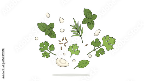 Fresh culinary elements, herbs, spices, and aromatics elegantly illustrating healthy cooking ingredients
