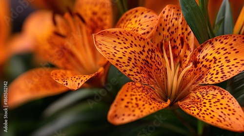   A macro shot of a flower exhibiting orange and black flecks on its petals against a verdant backdrop