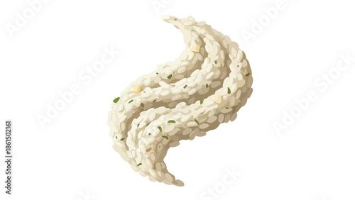 Stylized illustration, elegant white rice swirl, green herbs, golden accents. Fresh, appetizing culinary visual for gourmet dishes on pristine white