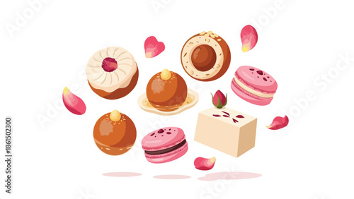 Assorted sweet treats and elegant pastries with floral and heart decorations