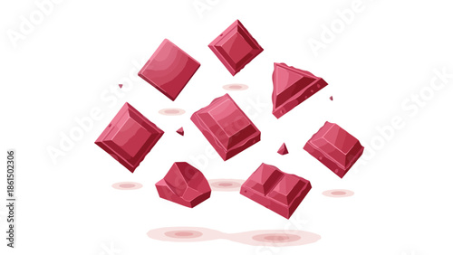 Animated ruby chocolate fragments suspended against a pristine white backdrop, evoking sweet desires.