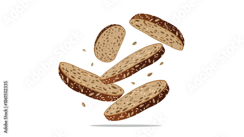 Delicious, nutrient-rich, dark, seeded bread slices gracefully descending, embodying healthy eating principles and the simple joy of wholesome