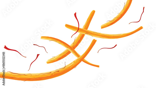 Vibrant red saffron and golden spice elements elegantly float on a pristine white backdrop.