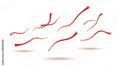 Vibrant crimson saffron stigmas elegantly suspended against a pure white background