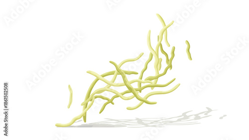 Abstract intertwined lime green filaments flowing gracefully against a clean white backdrop casting soft shadows below