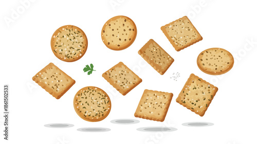 A delightful assortment of seasoned crispy crackers artfully scattered an appealing culinary illustration