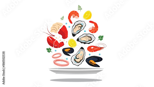 Dynamic illustration of fresh seafood ingredients gracefully descending onto a pristine white plate, featuring a vibrant assortment of marine