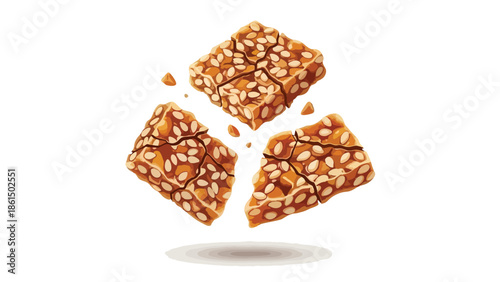 Golden-brown sesame brittle fragments suspended mid-air a delightful crunchy snack illustration capturing the sweet texture and scattered seeds