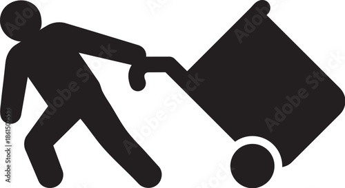 Warehouse worker pulling heavy trolley icon silhouette delivery service logistics cargo transport