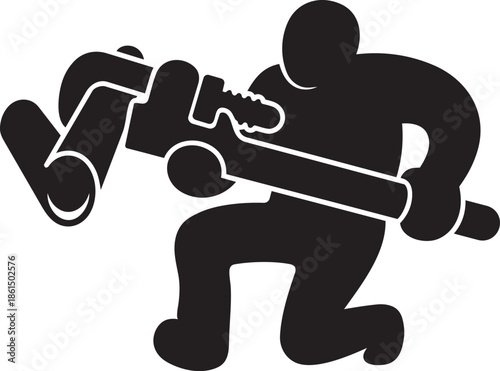 Silhouette plumber with pipe wrench, repairman at work, maintenance service, industrial job